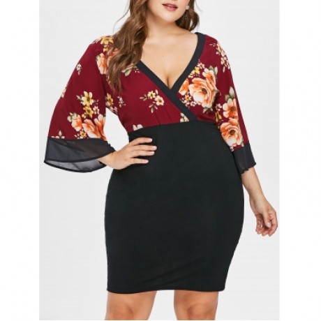 Plus Size Bell Sleeve Floral Plunging Neck Dress (RED WINE)