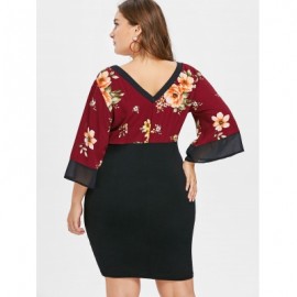 Plus Size Bell Sleeve Floral Plunging Neck Dress (RED WINE)