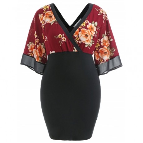 Plus Size Bell Sleeve Floral Plunging Neck Dress (RED WINE)