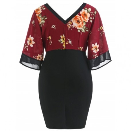 Plus Size Bell Sleeve Floral Plunging Neck Dress (RED WINE)