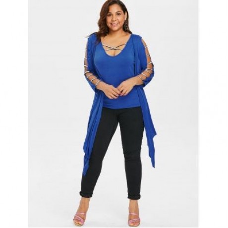 Plus Size Tank Top with Draped Cardigan (BLUE)