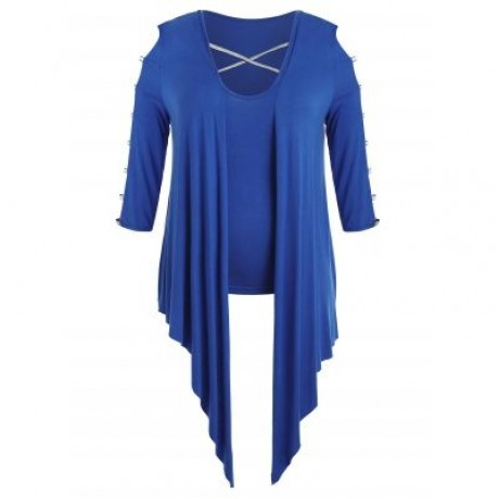 Plus Size Tank Top with Draped Cardigan (BLUE)