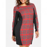 Plus Size Plaid Detail Casual Dress (RED)
