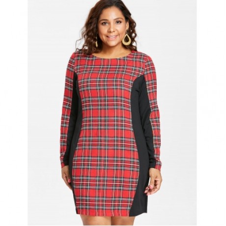 Plus Size Plaid Detail Casual Dress (RED)
