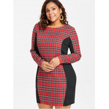 Plus Size Plaid Detail Casual Dress (RED)