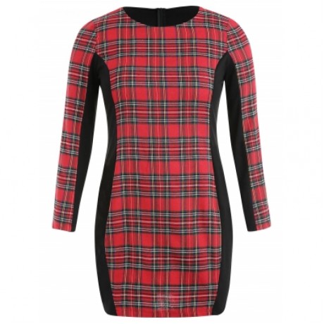 Plus Size Plaid Detail Casual Dress (RED)