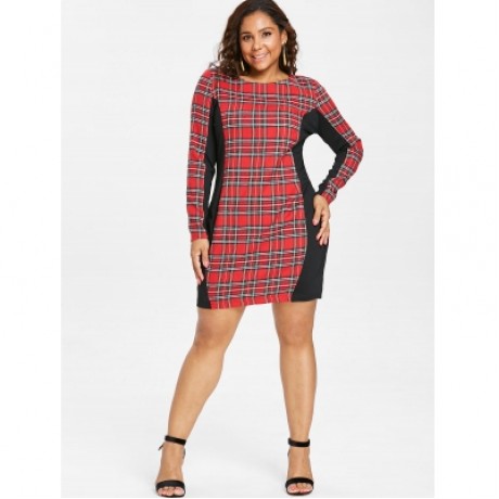 Plus Size Plaid Detail Casual Dress (RED)