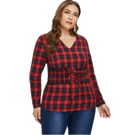 Plus Size Lace Up Corset Tartan Shirt (RED)