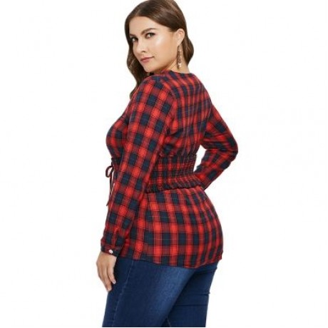 Plus Size Lace Up Corset Tartan Shirt (RED)