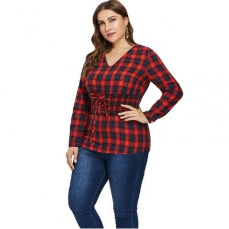 Plus Size Lace Up Corset Tartan Shirt (RED)
