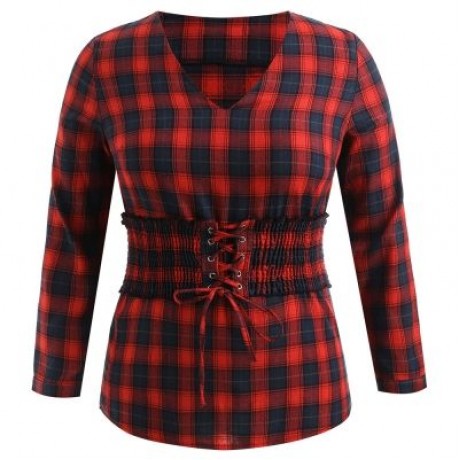 Plus Size Lace Up Corset Tartan Shirt (RED)