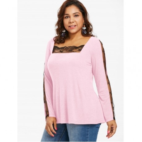 LACE PANEL PLUS SIZE SQUARE NECK T-SHIRT (LIGHT PINK)