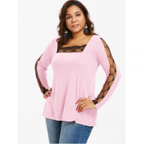 LACE PANEL PLUS SIZE SQUARE NECK T-SHIRT (LIGHT PINK)