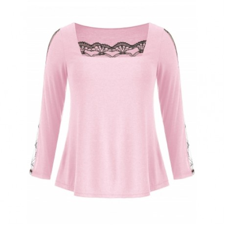 LACE PANEL PLUS SIZE SQUARE NECK T-SHIRT (LIGHT PINK)