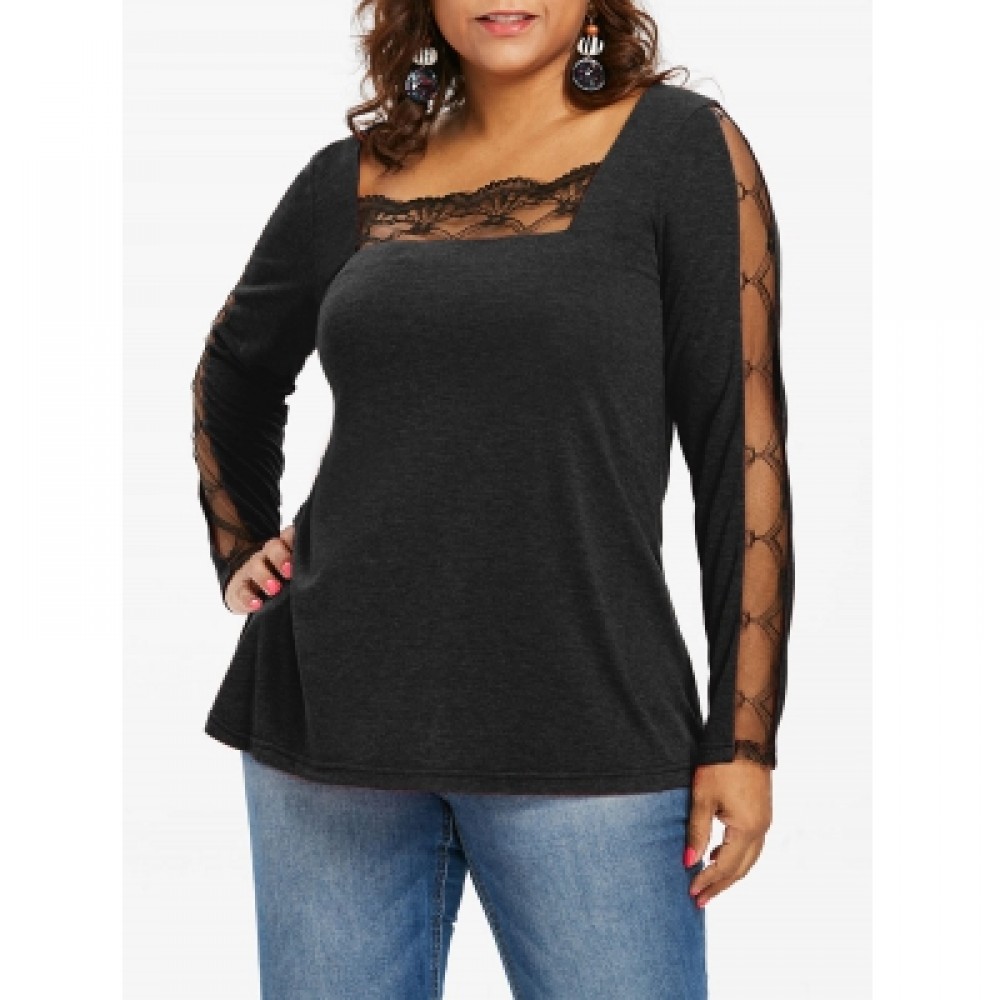 LACE PANEL PLUS SIZE SQUARE NECK T-SHIRT (BLACK)