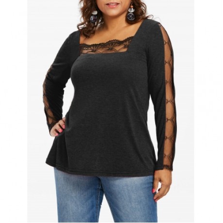 LACE PANEL PLUS SIZE SQUARE NECK T-SHIRT (BLACK)