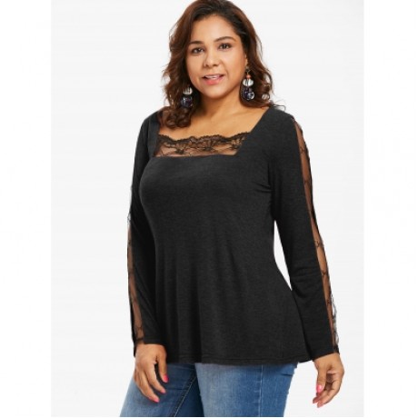LACE PANEL PLUS SIZE SQUARE NECK T-SHIRT (BLACK)