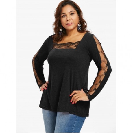 LACE PANEL PLUS SIZE SQUARE NECK T-SHIRT (BLACK)