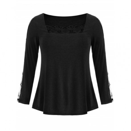 LACE PANEL PLUS SIZE SQUARE NECK T-SHIRT (BLACK)