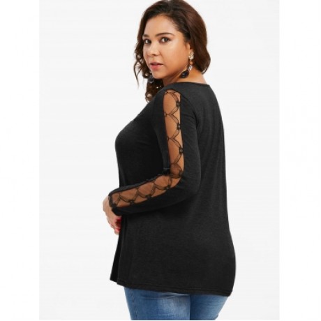 LACE PANEL PLUS SIZE SQUARE NECK T-SHIRT (BLACK)