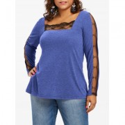 LACE PANEL PLUS SIZE SQUARE NECK T-SHIRT (EARTH BLUE)
