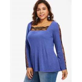 LACE PANEL PLUS SIZE SQUARE NECK T-SHIRT (EARTH BLUE)