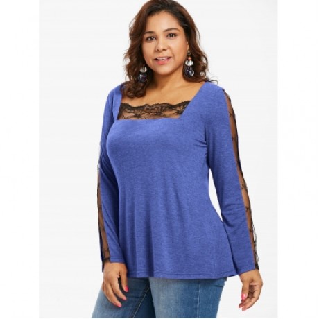 LACE PANEL PLUS SIZE SQUARE NECK T-SHIRT (EARTH BLUE)