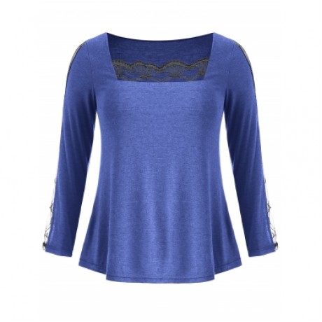 LACE PANEL PLUS SIZE SQUARE NECK T-SHIRT (EARTH BLUE)