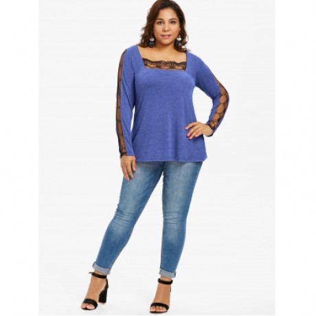LACE PANEL PLUS SIZE SQUARE NECK T-SHIRT (EARTH BLUE)