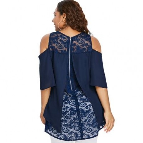 Plus Size Lace Insert High Low Blouse (DEEP BLUE)