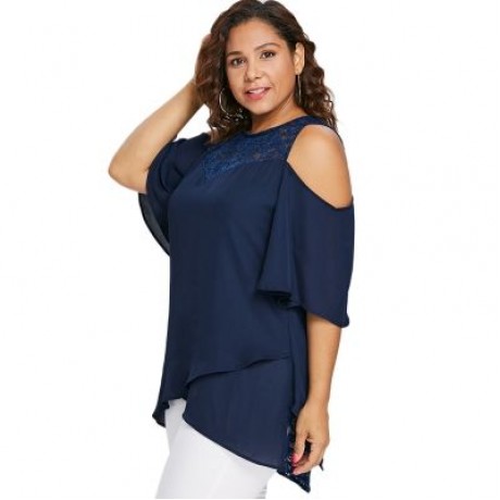 Plus Size Lace Insert High Low Blouse (DEEP BLUE)