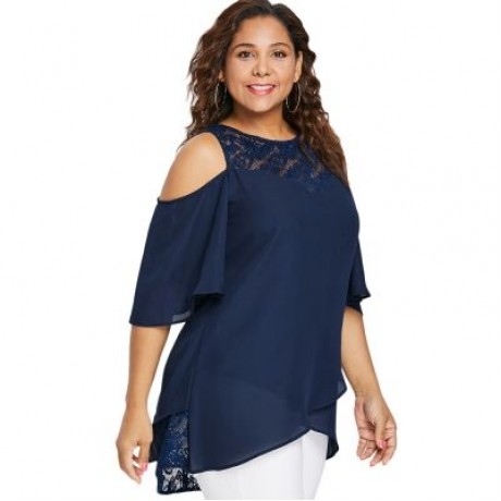 Plus Size Lace Insert High Low Blouse (DEEP BLUE)
