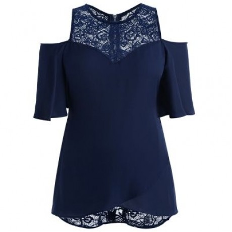 Plus Size Lace Insert High Low Blouse (DEEP BLUE)