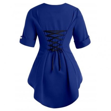 PLUS SIZE TWO TONE DIP HEM TOP (EARTH BLUE)