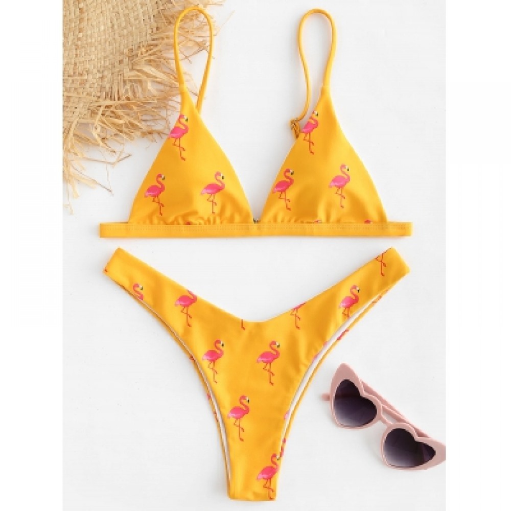 Flamingo Print High Leg Bikini Set (BRIGHT YELLOW)