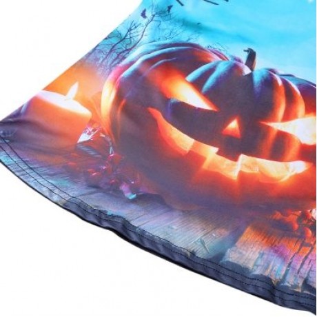 Round Collar Long Sleeve Spliced Lace Halloween Print Women T-shirt (CORAL BLUE)