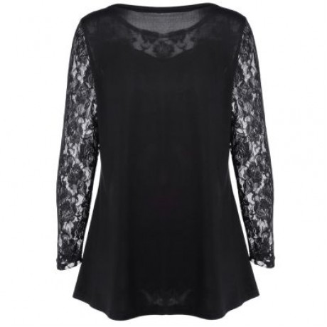 Round Collar Long Sleeve See-through Lace Halloween Print Women T-shirt (PEACOCK BLUE)