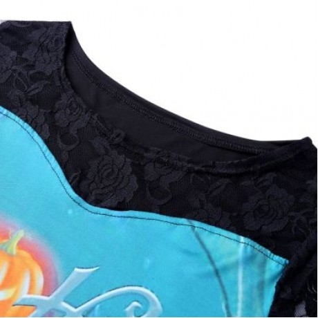 Round Collar Long Sleeve See-through Lace Halloween Print Women T-shirt (PEACOCK BLUE)