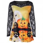 Round Collar Long Sleeve Spliced Lace Halloween Pattern Women T-shirt (BEER)