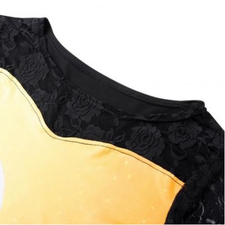 Round Collar Long Sleeve Spliced Lace Halloween Pattern Women T-shirt (BEER)