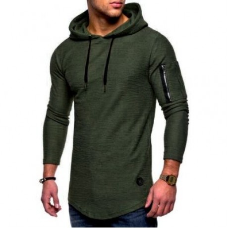 Zip Embellished Solid Color Hoodie (GREEN)