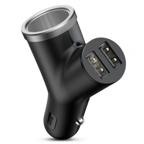 Baseus Y-shape Dual USB Car Charger with Cigarette Extended Port (BLACK)