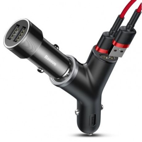 Baseus Y-shape Dual USB Car Charger with Cigarette Extended Port (BLACK)