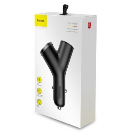 Baseus Y-shape Dual USB Car Charger with Cigarette Extended Port (BLACK)