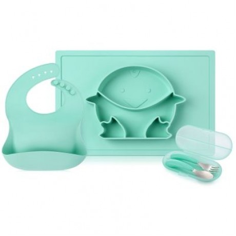 Gblife S1211 4 in 1 Baby Silicone Dinnerware with Placemat / Bib / Fork / Spoon (LIGHT SEA