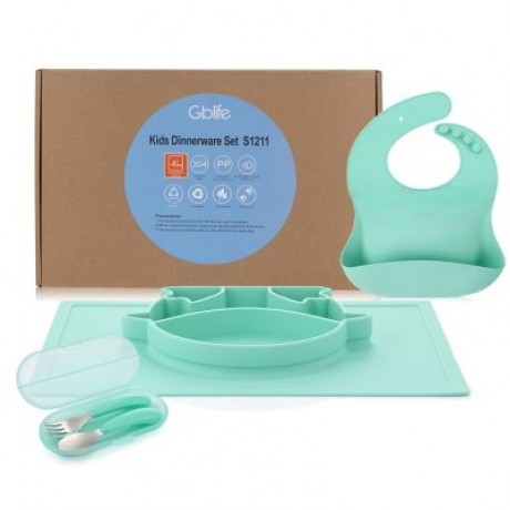 Gblife S1211 4 in 1 Baby Silicone Dinnerware with Placemat / Bib / Fork / Spoon (LIGHT SEA