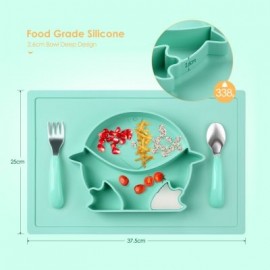 Gblife S1211 4 in 1 Baby Silicone Dinnerware with Placemat / Bib / Fork / Spoon (LIGHT SEA