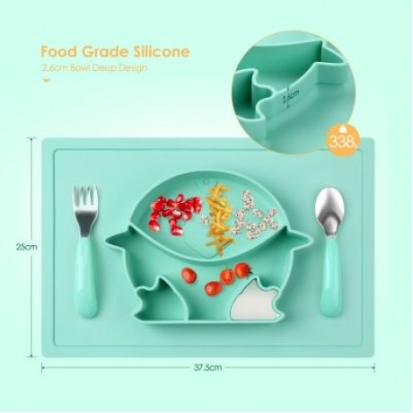 Gblife S1211 4 in 1 Baby Silicone Dinnerware with Placemat / Bib / Fork / Spoon (LIGHT SEA