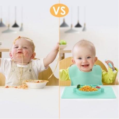 Gblife S1211 4 in 1 Baby Silicone Dinnerware with Placemat / Bib / Fork / Spoon (LIGHT SEA