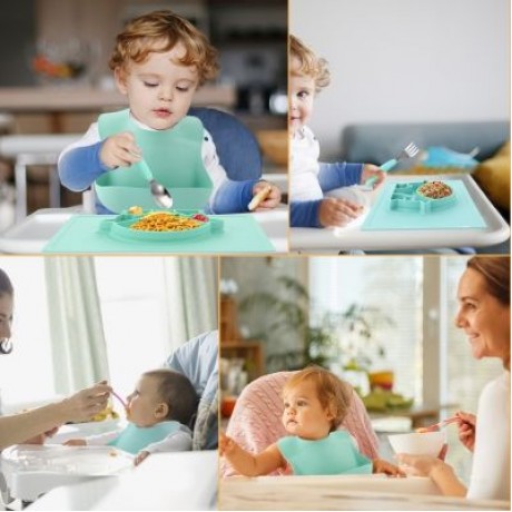 Gblife S1211 4 in 1 Baby Silicone Dinnerware with Placemat / Bib / Fork / Spoon (LIGHT SEA